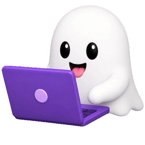 TabBoo ghost using a purple laptop